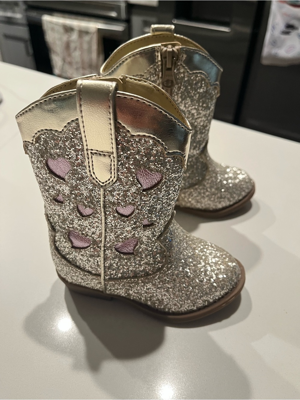 Cat & Jack Gold Glitter Kids Cowboy Boots with Pink Heart Accents